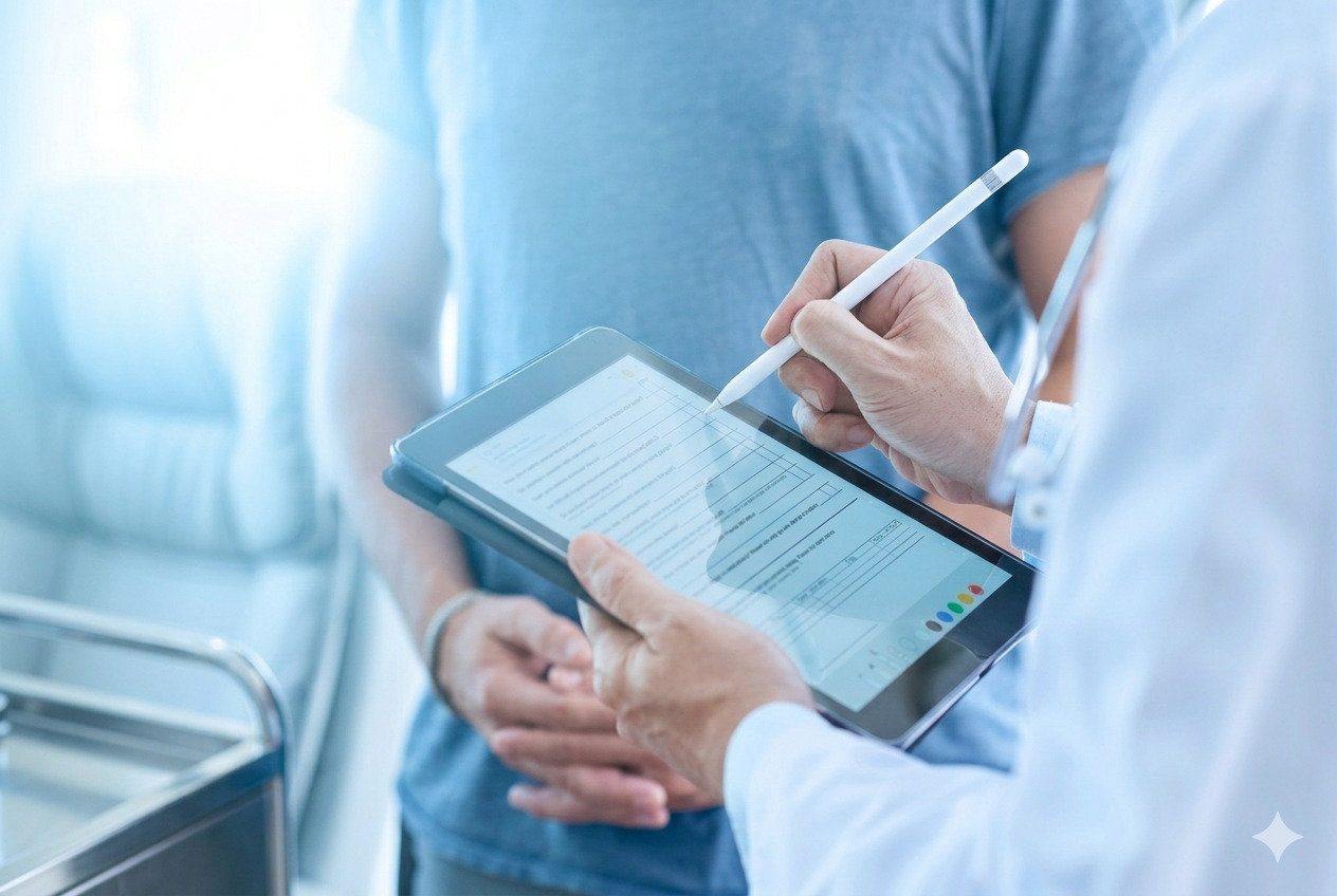 Profesional de salud firmando un consentimiento en tablet con Signe